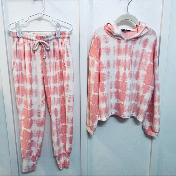 Pink and White Tye Dye Hooded Sweatshirt and Pants - Picture 1 of 5